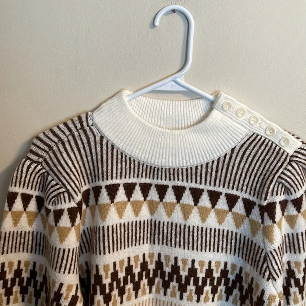 Treasure & Bond White and Brown Patterned Sweater with Button Trim - Picture 2 of 6